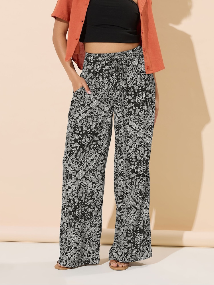 PixieGirl Petite Black Bandana Wide Leg 100% Cotton Trousers - Image 1 of 5