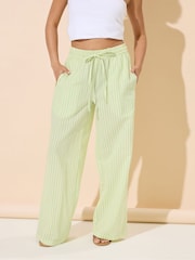 PixieGirl Petite Green Stripe Wide Leg 100% Cotton Trousers - Image 1 of 5