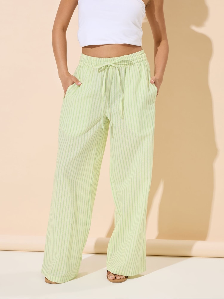 PixieGirl Petite Green Stripe Wide Leg 100% Cotton Trousers - Image 1 of 5