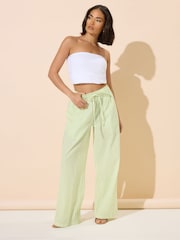 PixieGirl Petite Green Stripe Wide Leg 100% Cotton Trousers - Image 2 of 5
