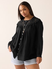 Yours Curve Black Broderie Panel Blouse - Image 1 of 5