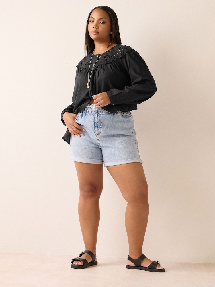 Yours Curve Black Broderie Panel Blouse - Image 2 of 5