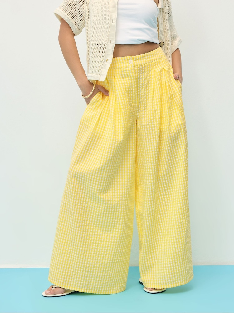 PixieGirl Petite Yellow Gingham Palazzo 100% Cotton Trousers - Image 1 of 5