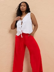 Yours Curve Red Washed Twill Wide Leg Trousers - Image 1 of 2