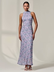 Jolie Moi Lilac Purple Chiffon Halter Neck Maxi Dress - Image 4 of 6