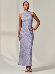 Jolie Moi Lilac Purple Chiffon Halter Neck Maxi Dress - Image 5 of 6