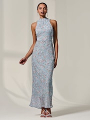 Jolie Moi Blue Chiffon Halter Neck Maxi Dress - Image 1 of 6