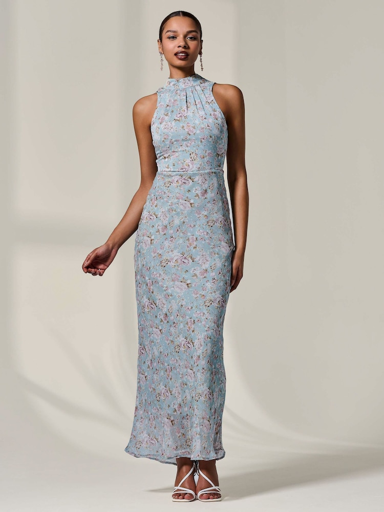 Jolie Moi Blue Chiffon Halter Neck Maxi Dress - Image 1 of 6