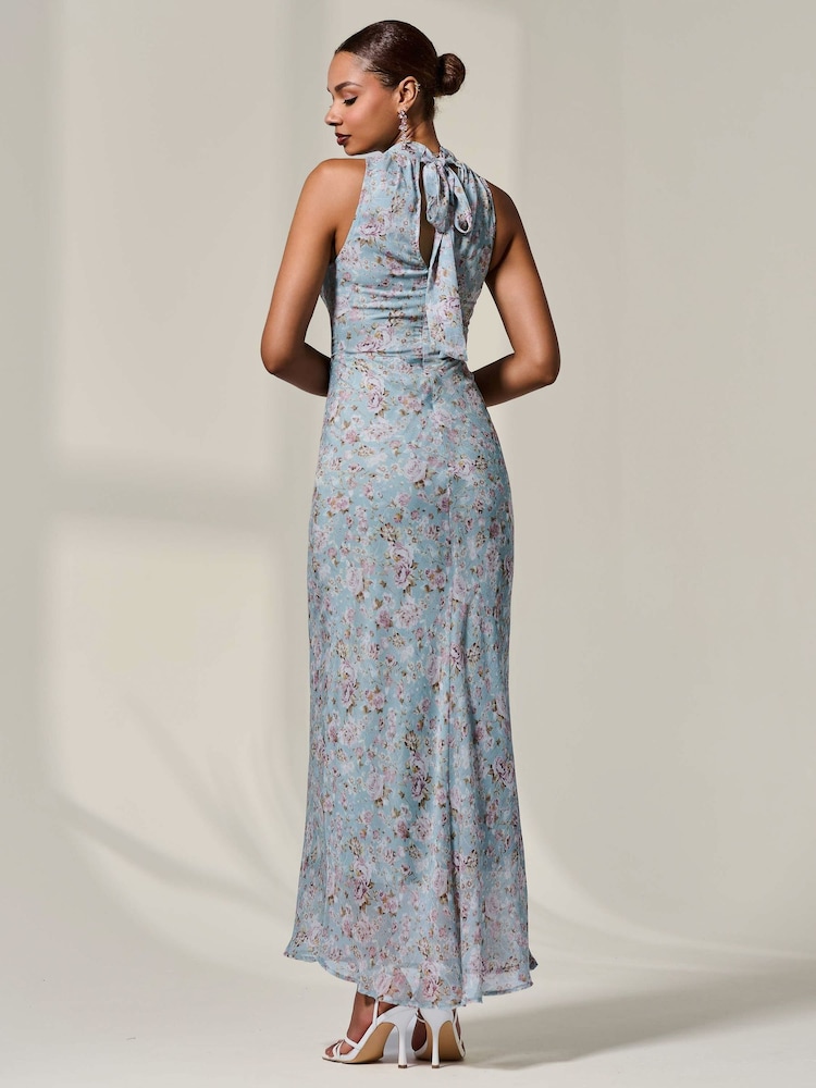 Jolie Moi Blue Chiffon Halter Neck Maxi Dress - Image 2 of 6