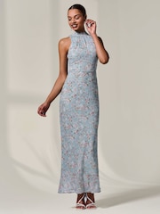 Jolie Moi Blue Chiffon Halter Neck Maxi Dress - Image 4 of 6