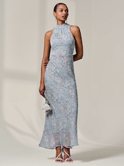 Jolie Moi Blue Chiffon Halter Neck Maxi Dress - Image 5 of 6