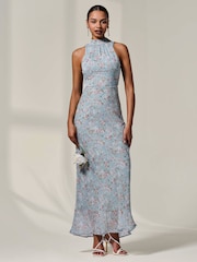 Jolie Moi Blue Chiffon Halter Neck Maxi Dress - Image 6 of 6
