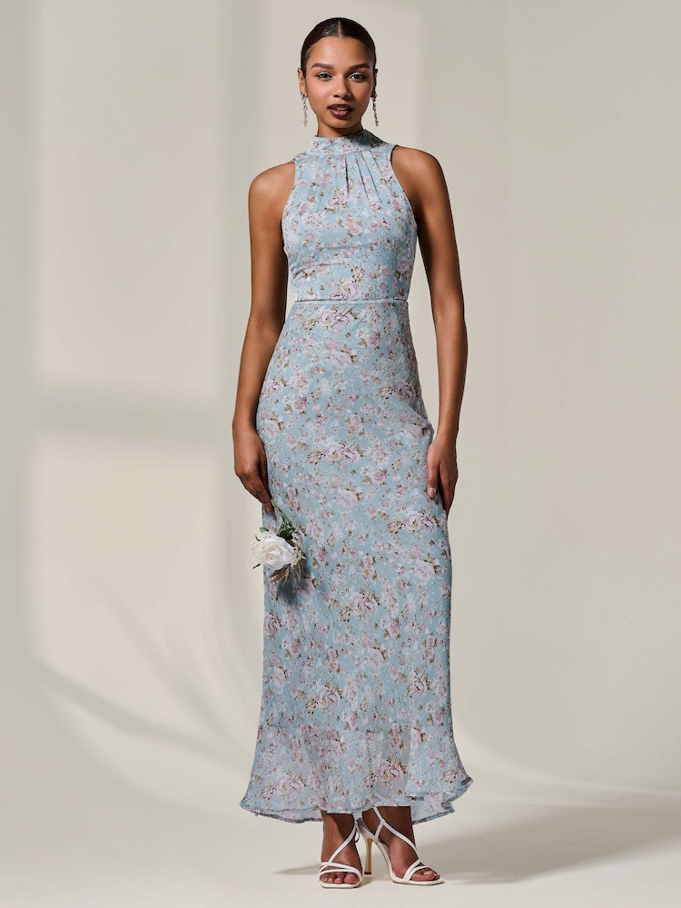 Jolie Moi Blue Chiffon Halter Neck Maxi Dress - Image 6 of 6