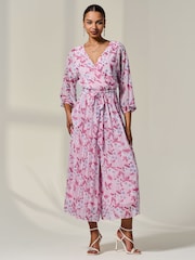 Jolie Moi Pink Flared Printed Chiffon Jumpsuit - Image 1 of 6