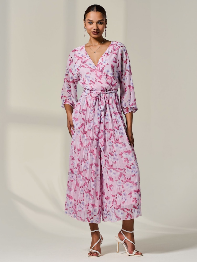 Jolie Moi Pink Flared Printed Chiffon Jumpsuit - Image 1 of 6
