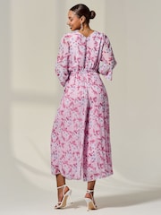 Jolie Moi Pink Flared Printed Chiffon Jumpsuit - Image 2 of 6