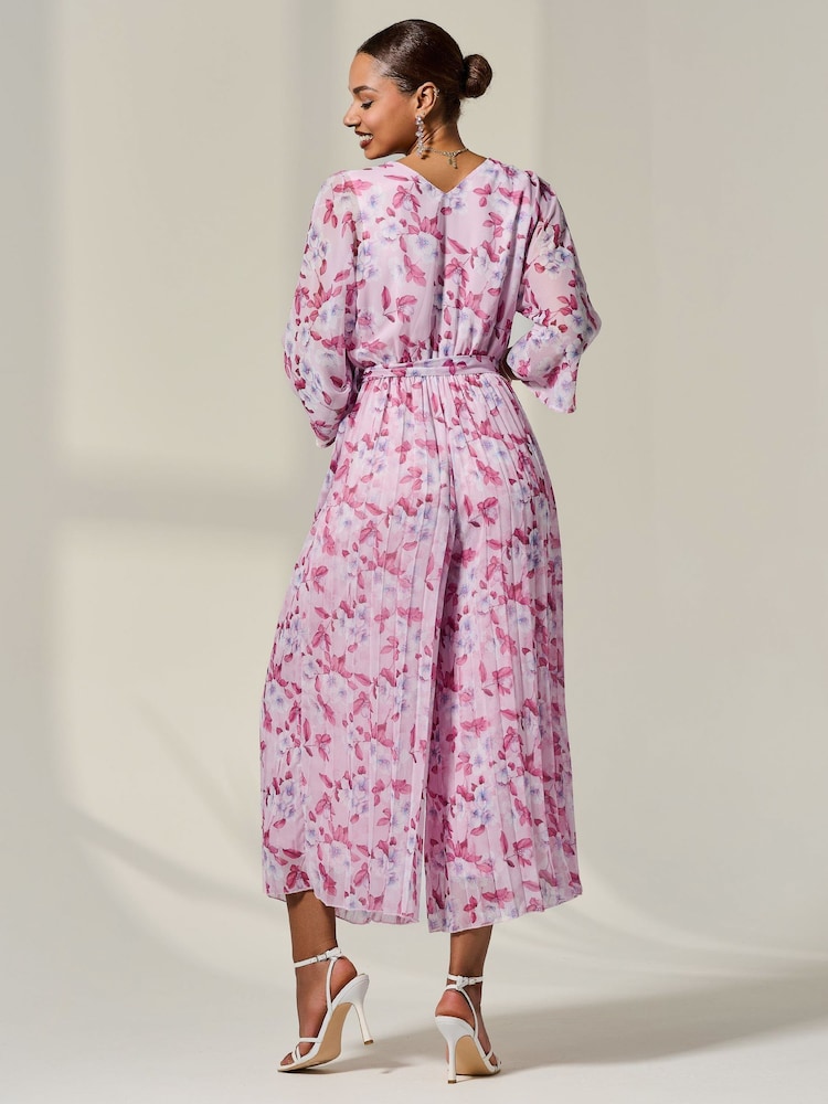 Jolie Moi Pink Flared Printed Chiffon Jumpsuit - Image 2 of 6