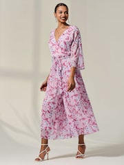 Jolie Moi Pink Flared Printed Chiffon Jumpsuit - Image 4 of 6