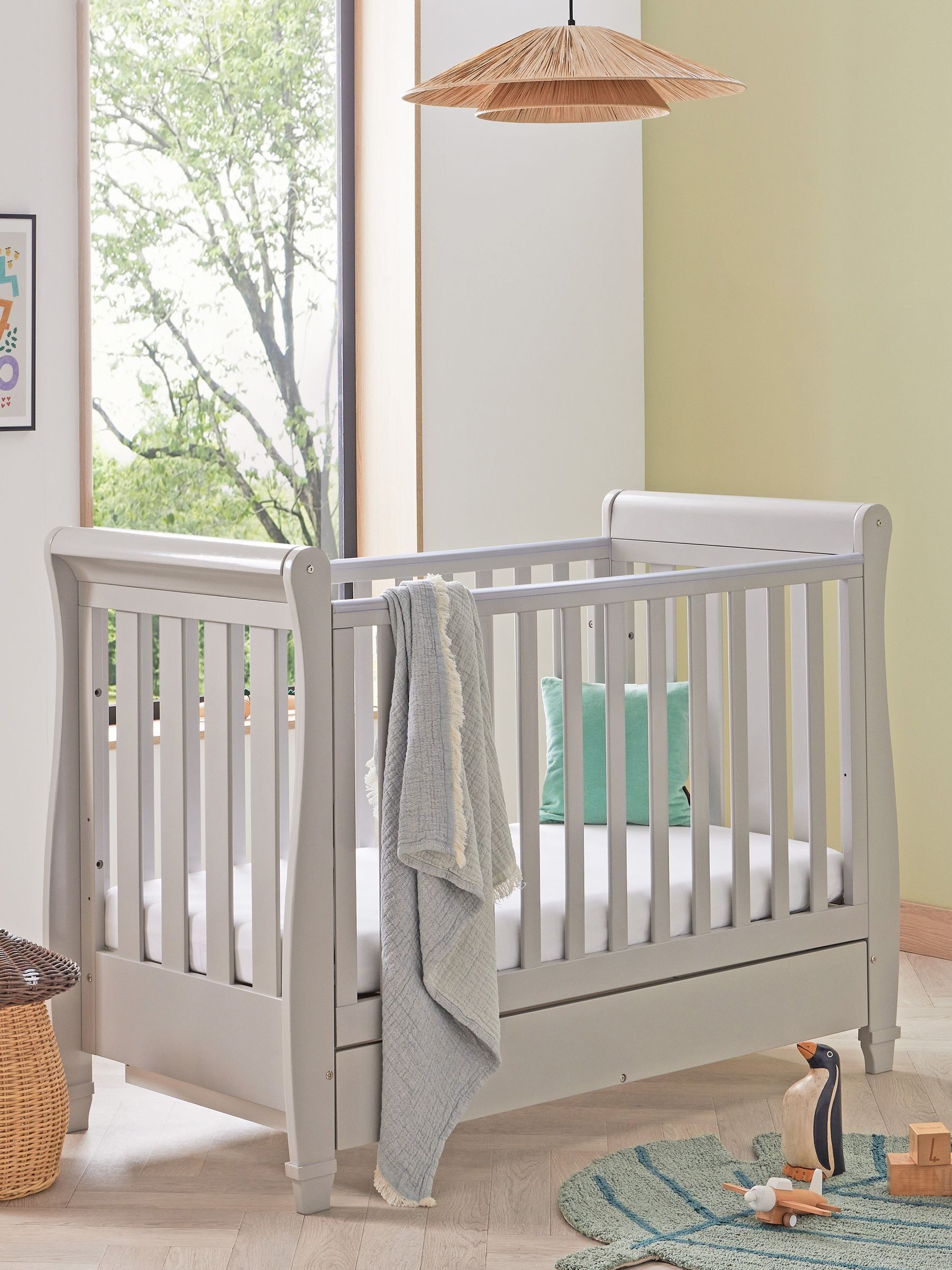 Babymore Unisex Infant Grey Eva Sleigh Cot Bed Dropside With Drawer