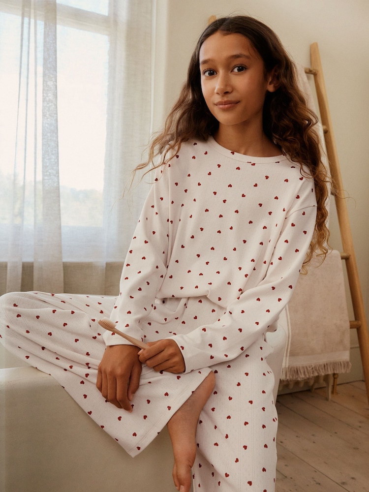 Ecru Heart Pointelle Pyjamas (2-16yrs) - Image 1 of 5 Ecru Heart Pointelle Pyjamas (2-16yrs) - Image 1 of 5
