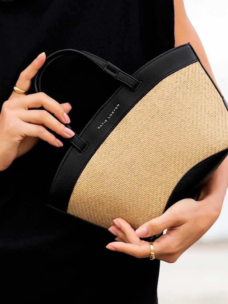Katie Loxton Black Riviera Raffia Mini Tote Bag - Image 1 of 4