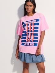 Bright Pink Oversized Sardines Graphic Print Short Sleeve Crew Neck T-Shirt - Image 1 of 4