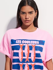 Bright Pink Oversized Sardines Graphic Print Short Sleeve Crew Neck T-Shirt - Image 2 of 4