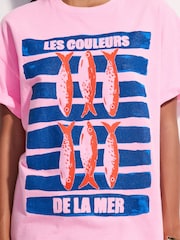 Bright Pink Oversized Sardines Graphic Print Short Sleeve Crew Neck T-Shirt - Image 4 of 4