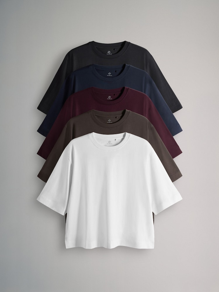 The Set White/Black/Navy/Burgundy/Chocolate 5 Pack Heavyweight Relaxed Short Sleeve T-Shirts - Image 2 of 7 The Set White/Black/Navy/Burgundy/Chocolate 5 Pack Heavyweight Relaxed Short Sleeve T-Shirts - Image 2 of 7