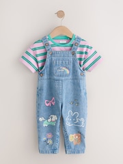 Mid Blue Cat Printed Denim Dungarees (3mths-7yrs) - Image 1 of 9