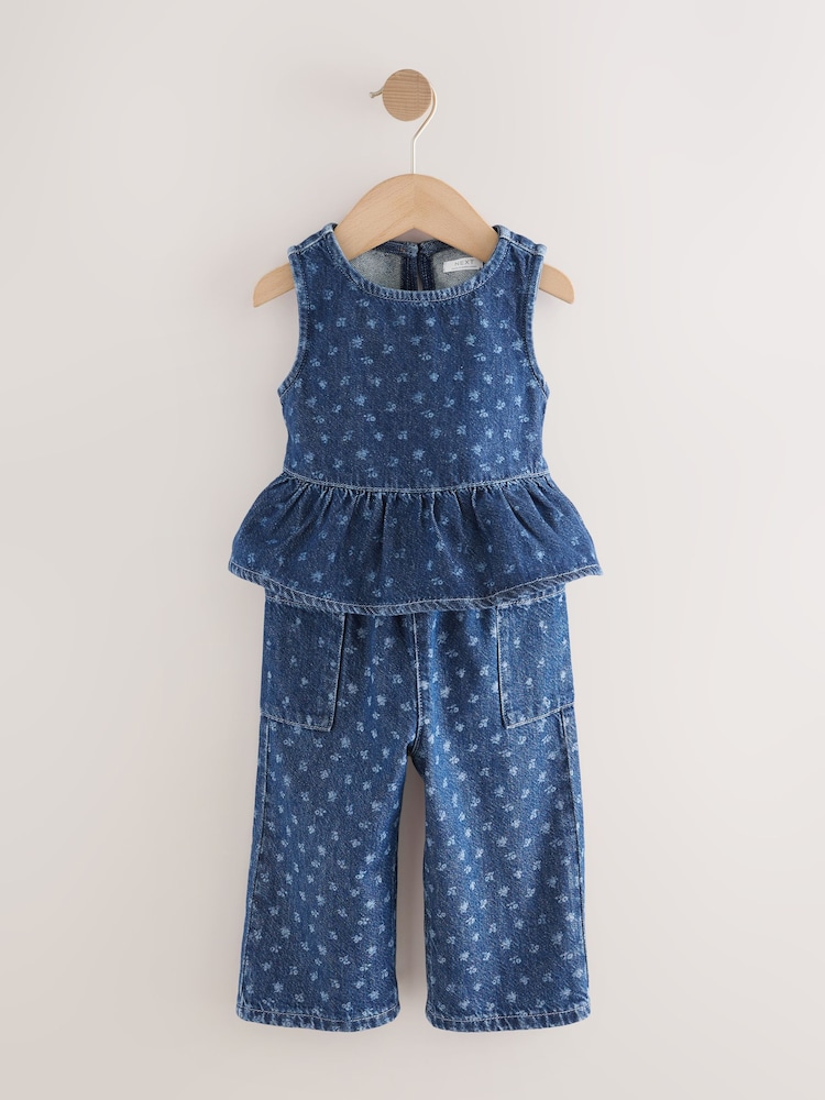 Dark Blue Floral Printed Denim Top and Trousers Set (3mths-7yrs) - Image 1 of 5