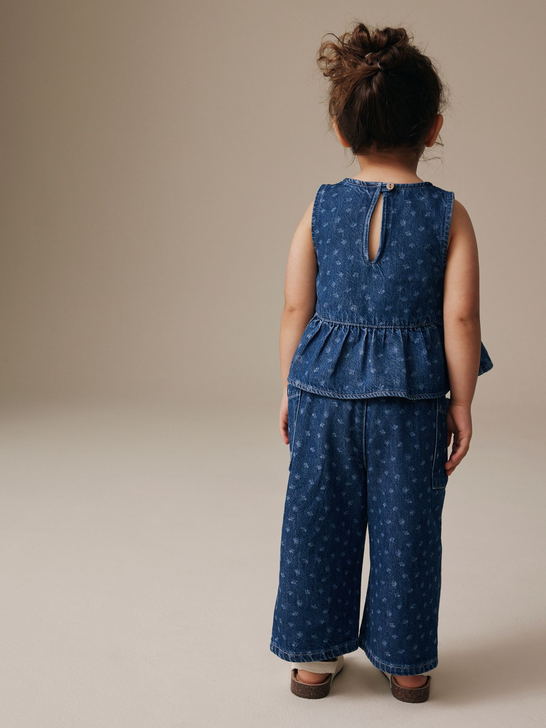 Buy Dark Blue Floral Printed Denim Top and Trousers Set (3mths