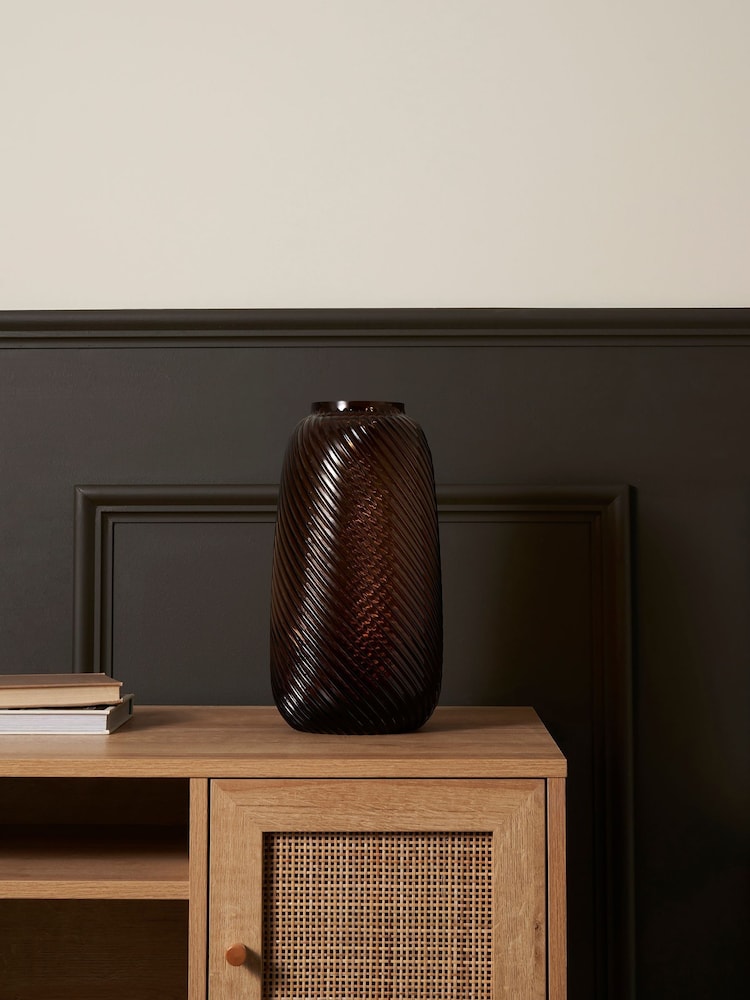 BHS Brown Tall Lenticular Spiral Cognac Glass Vase - Image 2 of 5