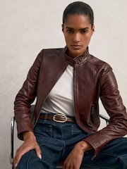 Reiss Burgundy Astra Fitted Leather Biker Jacket - Image 1 of 7