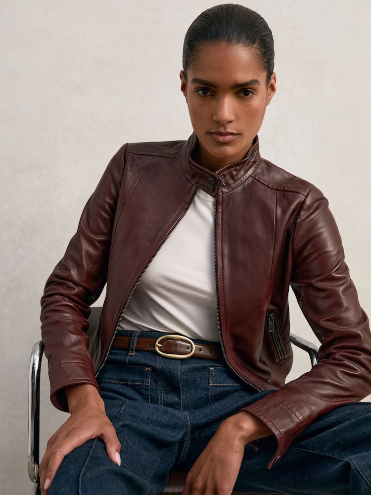 Reiss Burgundy Astra Fitted Leather Biker Jacket - Image 1 of 7 Reiss Burgundy Astra Fitted Leather Biker Jacket - Image 1 of 7