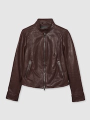 Reiss Burgundy Astra Fitted Leather Biker Jacket - Image 2 of 7