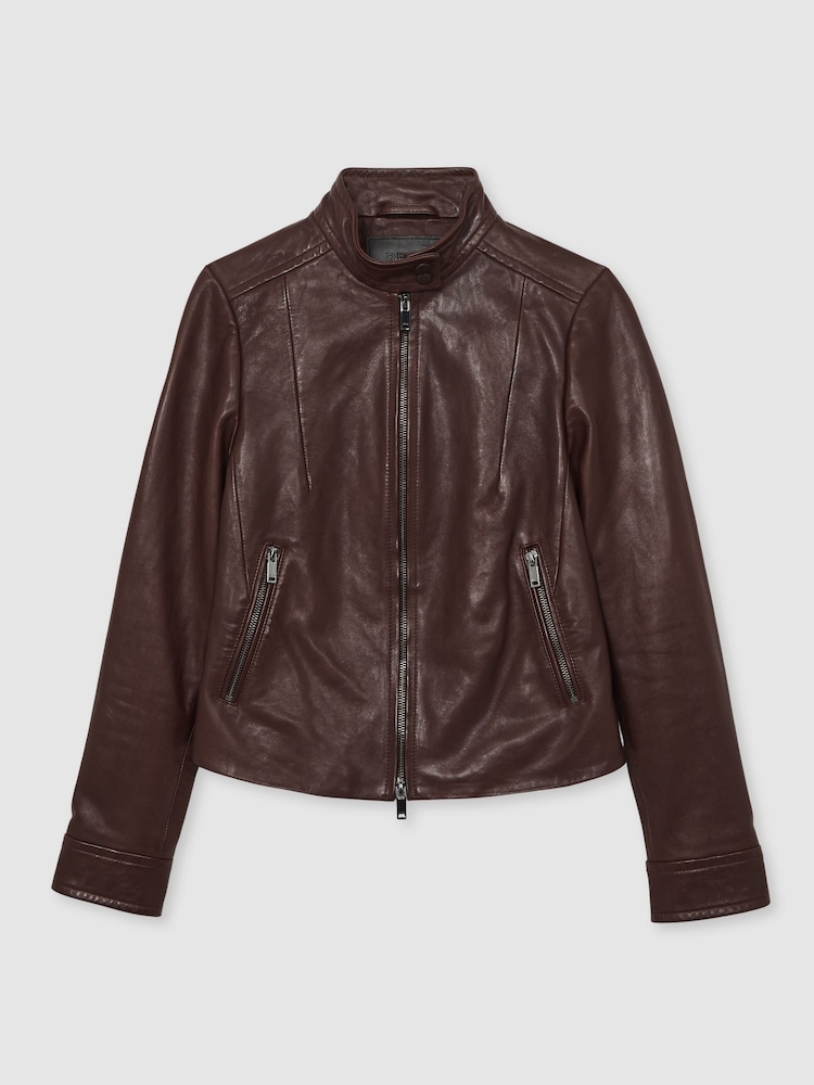 Reiss Burgundy Astra Fitted Leather Biker Jacket - Image 2 of 7 Reiss Burgundy Astra Fitted Leather Biker Jacket - Image 2 of 7