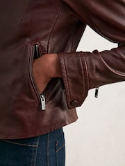 Reiss Burgundy Astra Fitted Leather Biker Jacket - Image 3 of 7