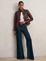 Reiss Burgundy Astra Fitted Leather Biker Jacket - Image 4 of 7