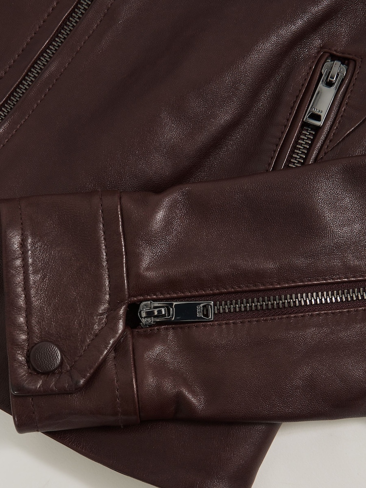 Reiss Burgundy Astra Fitted Leather Biker Jacket - Image 7 of 7 Reiss Burgundy Astra Fitted Leather Biker Jacket - Image 7 of 7