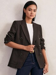 Reiss Brown Check Ayla Wool-Blend Double-Breasted Check Blazer - Image 1 of 7