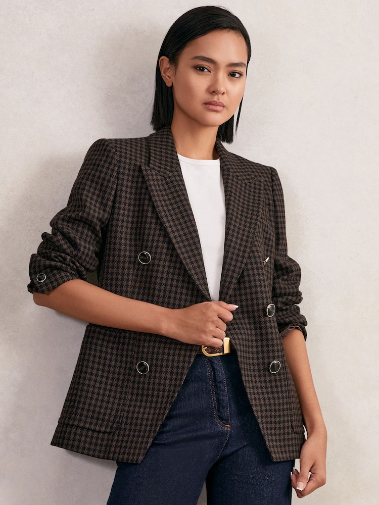 Reiss Brown Check Ayla Wool-Blend Double-Breasted Check Blazer - Image 1 of 7