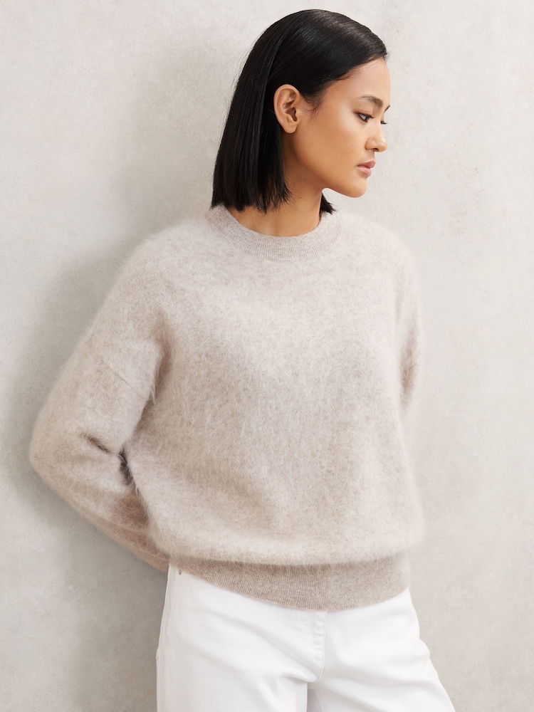 Reiss Oatmeal Neutral Misha Brushed Cashmere Crew Neck Jumper - Image 1 of 7