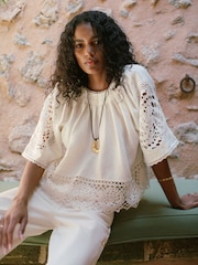 Reiss Ivory Carine Linen Embroidered Swing Top - Image 1 of 7