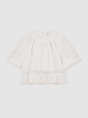 Reiss Ivory Carine Linen Embroidered Swing Top - Image 2 of 7