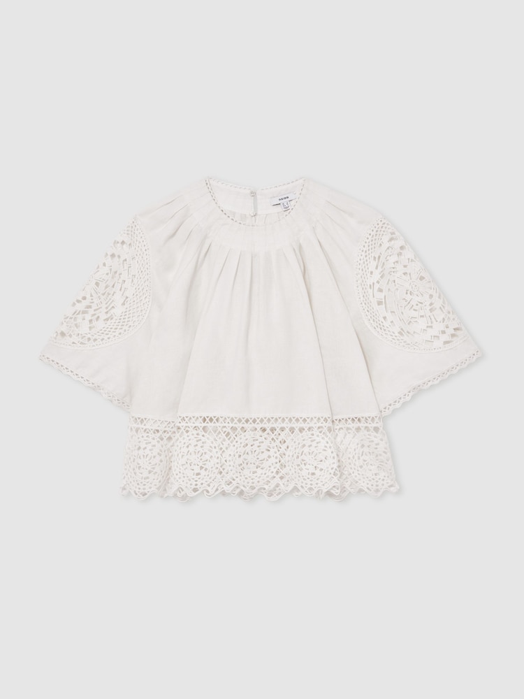Reiss Ivory Carine Linen Embroidered Swing Top - Image 2 of 7