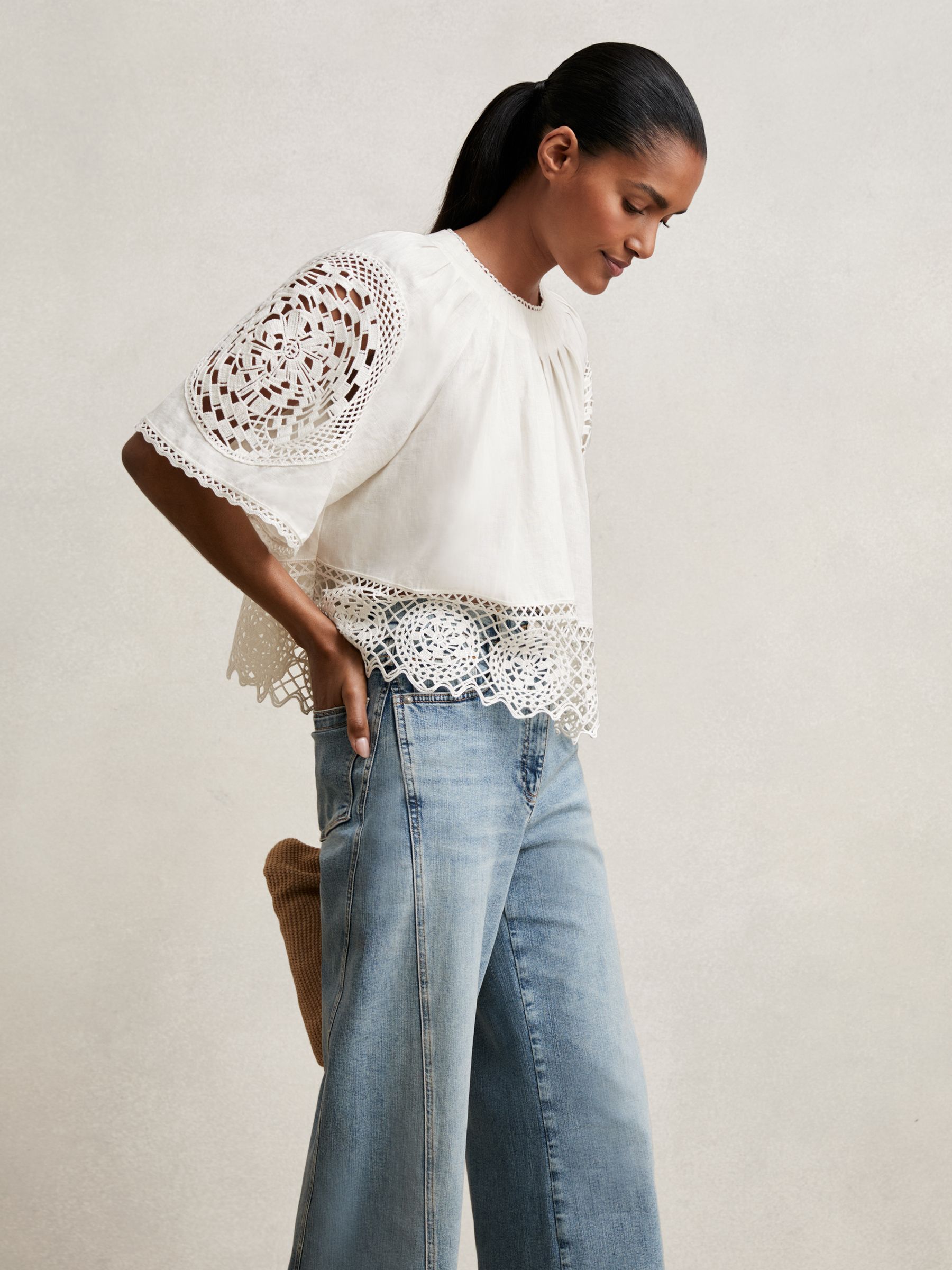 Buy Reiss Ivory Carine Linen Embroidered Swing Top from Next USA