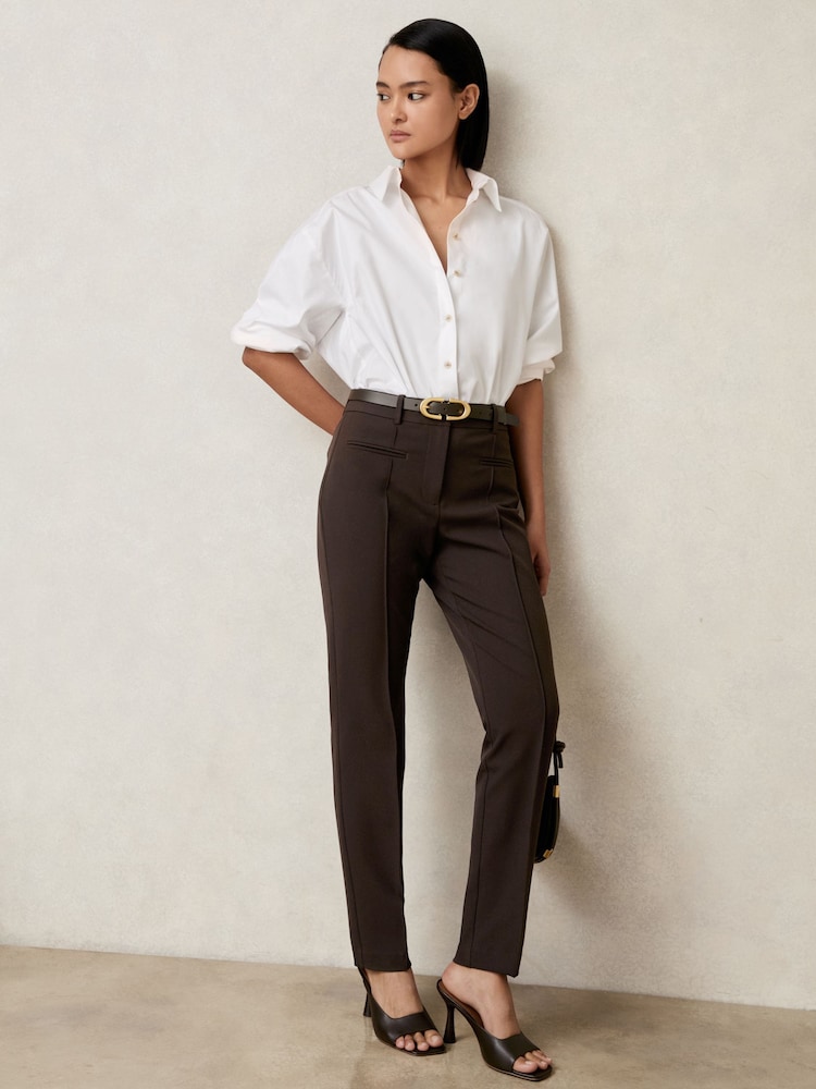 Reiss Chocolate Brown Norla Pintuck Tapered Trousers - Image 1 of 7