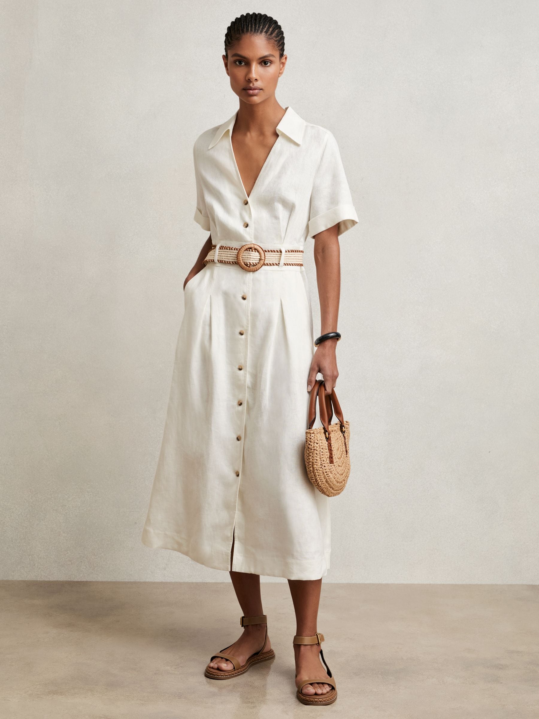 Reiss Ivory Petite Linen Belted Midi Shirt Dress In White