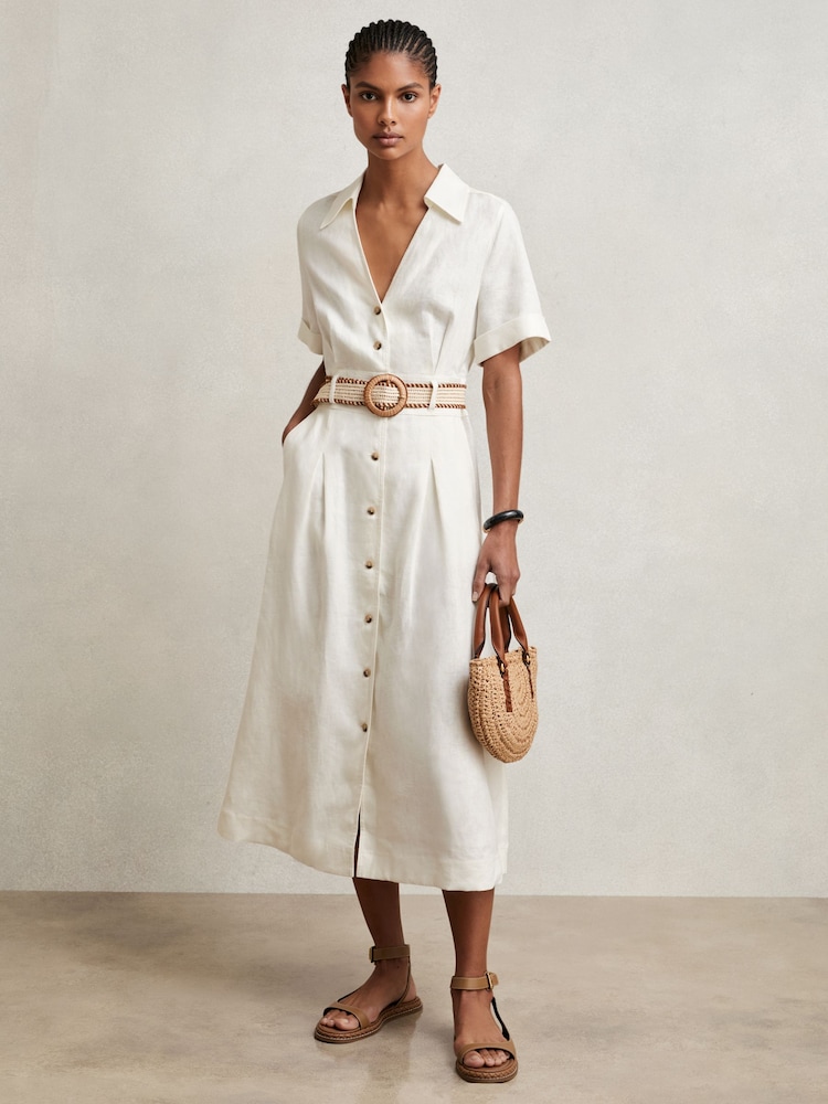 Reiss Ivory Anita Petite Linen Belted Midi Shirt Dress - Image 1 of 9